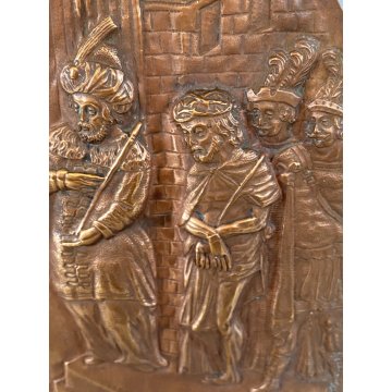 PANNELLO PALA SCENA RELIGIOSA Gesù LAMINA RAME DECORO SBALZATO ARTE SACRA '600
