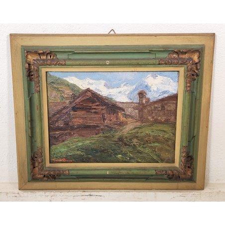 ANTICO QUADRO olio tavola DIPINTO Carlo Bazzi PAESAGGIO ALPINO Baita Montagne