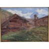 ANTICO QUADRO olio tavola DIPINTO Carlo Bazzi PAESAGGIO ALPINO Baita Montagne