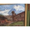 ANTICO QUADRO olio tavola DIPINTO Carlo Bazzi PAESAGGIO ALPINO Baita Montagne