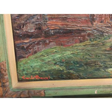 ANTICO QUADRO olio tavola DIPINTO Carlo Bazzi PAESAGGIO ALPINO Baita Montagne