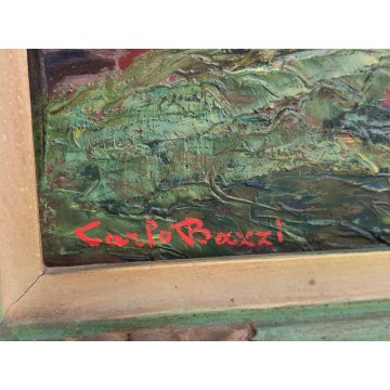 ANTICO QUADRO olio tavola DIPINTO Carlo Bazzi PAESAGGIO ALPINO Baita Montagne