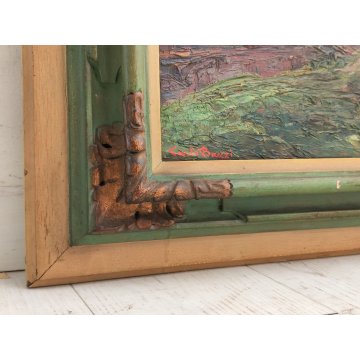 ANTICO QUADRO olio tavola DIPINTO Carlo Bazzi PAESAGGIO ALPINO Baita Montagne