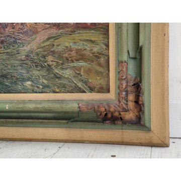 ANTICO QUADRO olio tavola DIPINTO Carlo Bazzi PAESAGGIO ALPINO Baita Montagne