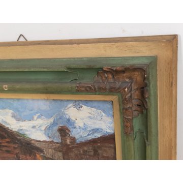 ANTICO QUADRO olio tavola DIPINTO Carlo Bazzi PAESAGGIO ALPINO Baita Montagne