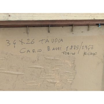 ANTICO QUADRO olio tavola DIPINTO Carlo Bazzi PAESAGGIO ALPINO Baita Montagne