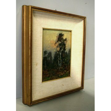 QUADRO DIPINTO OLIO TAVOLA Artino Giroldi PAESAGGIO BETULLA CREPUSCOLO '900