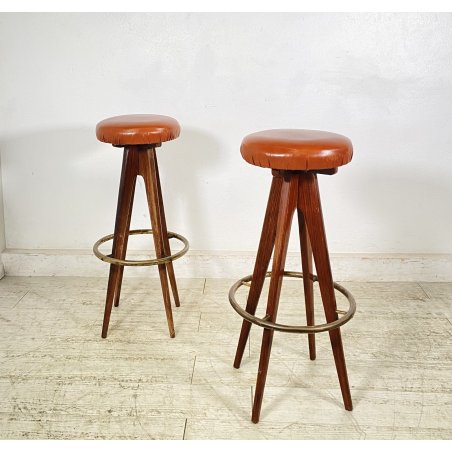 COPPIA SGABELLI BAR DESIGN ANNI 70 LEGNO PELLE VINTAGE SEDIA SEGGIOLINO BANCONE
