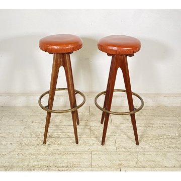 COPPIA SGABELLI BAR DESIGN ANNI 70 LEGNO PELLE VINTAGE SEDIA SEGGIOLINO BANCONE