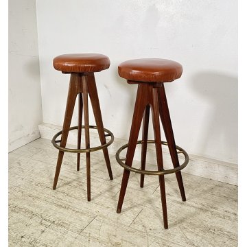 COPPIA SGABELLI BAR DESIGN ANNI 70 LEGNO PELLE VINTAGE SEDIA SEGGIOLINO BANCONE