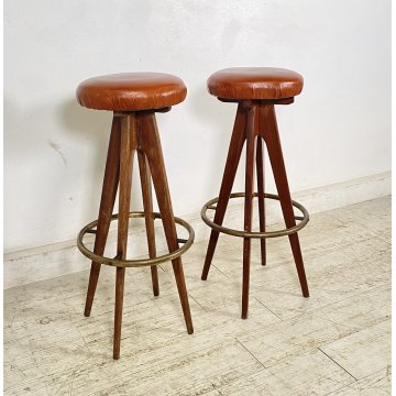 COPPIA SGABELLI BAR DESIGN ANNI 70 LEGNO PELLE VINTAGE SEDIA SEGGIOLINO BANCONE