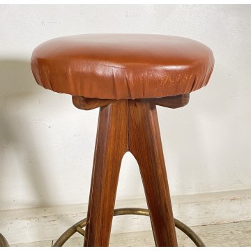 COPPIA SGABELLI BAR DESIGN ANNI 70 LEGNO PELLE VINTAGE SEDIA SEGGIOLINO BANCONE