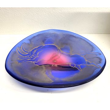 PIATTO BOWL CENTROTAVOLA VETRO Murano BLU VIOLA DECORO ACIDATO TORO ORO ø 40 cm