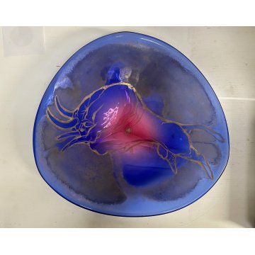 PIATTO BOWL CENTROTAVOLA VETRO Murano BLU VIOLA DECORO ACIDATO TORO ORO ø 40 cm