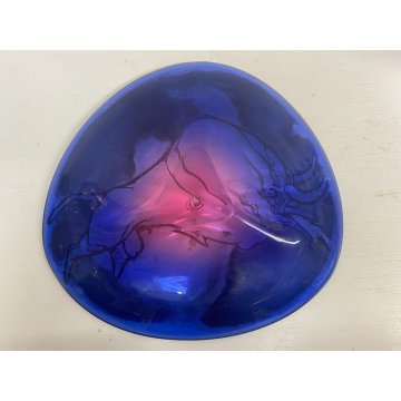 PIATTO BOWL CENTROTAVOLA VETRO Murano BLU VIOLA DECORO ACIDATO TORO ORO ø 40 cm