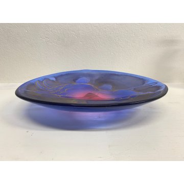 PIATTO BOWL CENTROTAVOLA VETRO Murano BLU VIOLA DECORO ACIDATO TORO ORO ø 40 cm