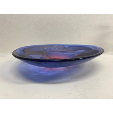 PIATTO BOWL CENTROTAVOLA VETRO Murano BLU VIOLA DECORO ACIDATO TORO ORO ø 40 cm