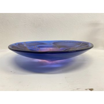 PIATTO BOWL CENTROTAVOLA VETRO Murano BLU VIOLA DECORO ACIDATO TORO ORO ø 40 cm