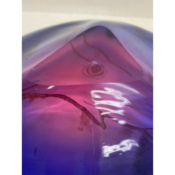 PIATTO BOWL CENTROTAVOLA VETRO Murano BLU VIOLA DECORO ACIDATO TORO ORO ø 40 cm