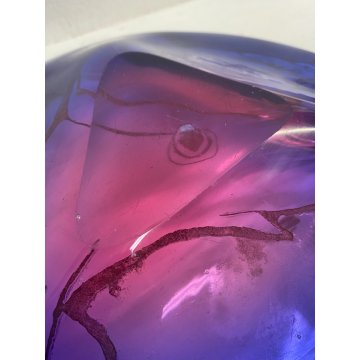 PIATTO BOWL CENTROTAVOLA VETRO Murano BLU VIOLA DECORO ACIDATO TORO ORO ø 40 cm