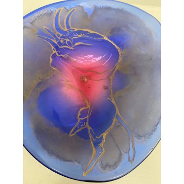 PIATTO BOWL CENTROTAVOLA VETRO Murano BLU VIOLA DECORO ACIDATO TORO ORO ø 40 cm