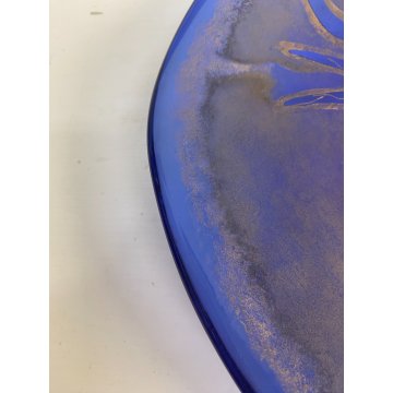 PIATTO BOWL CENTROTAVOLA VETRO Murano BLU VIOLA DECORO ACIDATO TORO ORO ø 40 cm