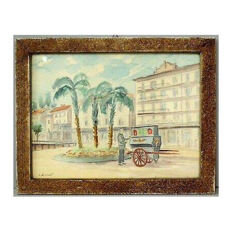ANTICO QUADRO ACQUERELLO PALME CARRETTO GELATI BAR Motta LUNGOMARE LAGO ANNI '60
