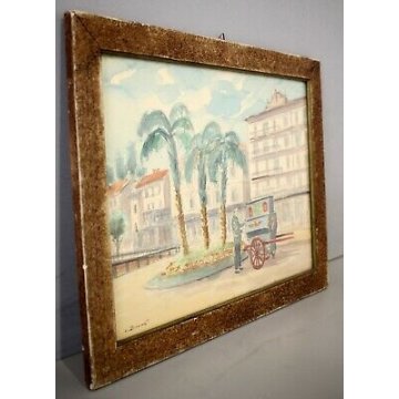 ANTICO QUADRO ACQUERELLO PALME CARRETTO GELATI BAR Motta LUNGOMARE LAGO ANNI '60