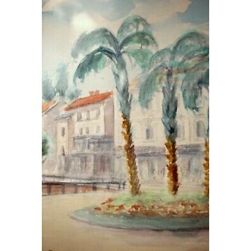 ANTICO QUADRO ACQUERELLO PALME CARRETTO GELATI BAR Motta LUNGOMARE LAGO ANNI '60