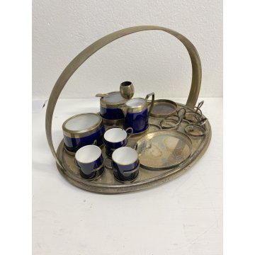 VASSOIO SET da FUMO CAFFE Art Decò ARGENTO BLU COBALTO ARGENTIERE Janetti '30