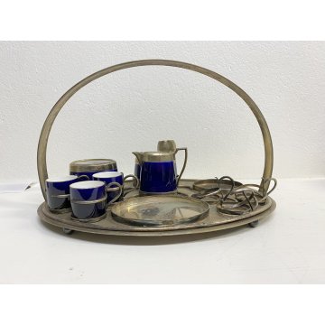 VASSOIO SET da FUMO CAFFE Art Decò ARGENTO BLU COBALTO ARGENTIERE Janetti '30