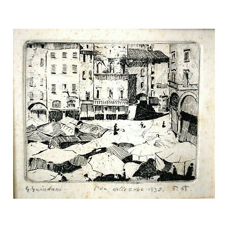 ANTICA LITOGRAFIA STAMPA MULTIPLO G. Guindani PIAZZA DELLE ERBE 1930 IL MERCATO