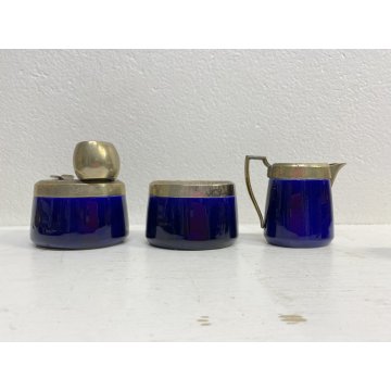 VASSOIO SET da FUMO CAFFE Art Decò ARGENTO BLU COBALTO ARGENTIERE Janetti '30