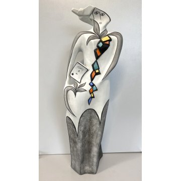 SCULTURA GRES SMALTO POLICROMO Gusella Guglielmo FIGURA FEMMINILE ASTRATTA 50cm