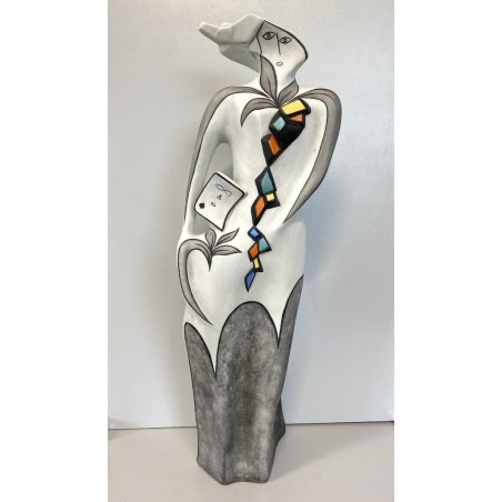 SCULTURA GRES SMALTO POLICROMO Gusella Guglielmo FIGURA FEMMINILE ASTRATTA 50cm