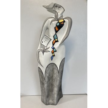 SCULTURA GRES SMALTO POLICROMO Gusella Guglielmo FIGURA FEMMINILE ASTRATTA 50cm