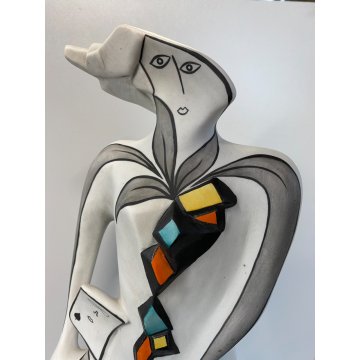 SCULTURA GRES SMALTO POLICROMO Gusella Guglielmo FIGURA FEMMINILE ASTRATTA 50cm