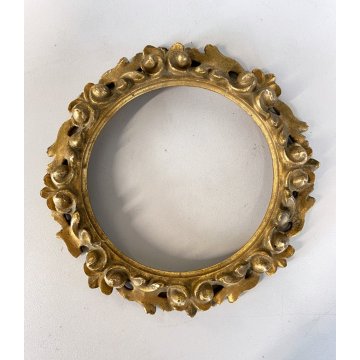 PICCOLA CORNICE ROTONDA DORATA LEGNO ORNATO INTAGLIATO MOTIVO FOGLIATO ø 19,5 cm