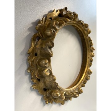 PICCOLA CORNICE ROTONDA DORATA LEGNO ORNATO INTAGLIATO MOTIVO FOGLIATO ø 19,5 cm