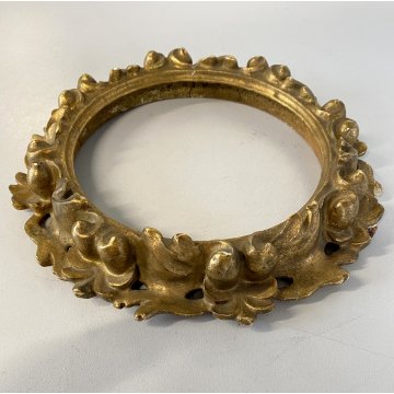 PICCOLA CORNICE ROTONDA DORATA LEGNO ORNATO INTAGLIATO MOTIVO FOGLIATO ø 19,5 cm