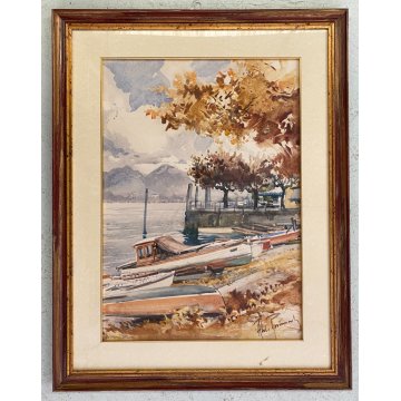 DIPINTO ACQUERELLO A. Raimondi VEDUTA PAESAGGIO LACUSTRE LUNGO LAGO BARCHE '900