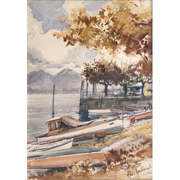 DIPINTO ACQUERELLO A. Raimondi VEDUTA PAESAGGIO LACUSTRE LUNGO LAGO BARCHE '900