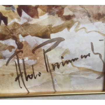 DIPINTO ACQUERELLO A. Raimondi VEDUTA PAESAGGIO LACUSTRE LUNGO LAGO BARCHE '900