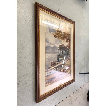 DIPINTO ACQUERELLO A. Raimondi VEDUTA PAESAGGIO LACUSTRE LUNGO LAGO BARCHE '900