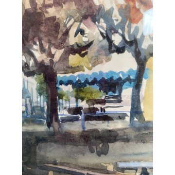 DIPINTO ACQUERELLO A. Raimondi VEDUTA PAESAGGIO LACUSTRE LUNGO LAGO BARCHE '900