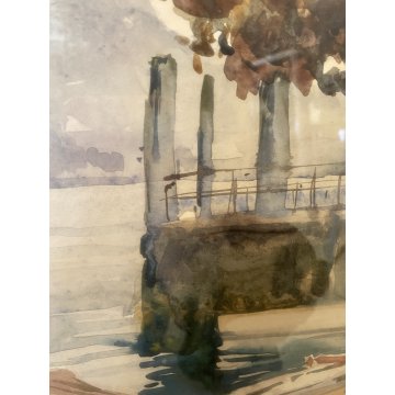 DIPINTO ACQUERELLO A. Raimondi VEDUTA PAESAGGIO LACUSTRE LUNGO LAGO BARCHE '900