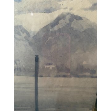 DIPINTO ACQUERELLO A. Raimondi VEDUTA PAESAGGIO LACUSTRE LUNGO LAGO BARCHE '900