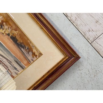 DIPINTO ACQUERELLO A. Raimondi VEDUTA PAESAGGIO LACUSTRE LUNGO LAGO BARCHE '900