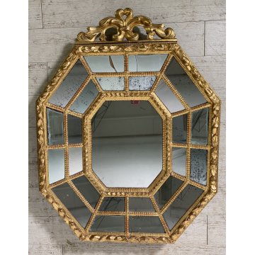 ANTICA GRANDE SPECCHIERA OTTAGONALE BAROCCA CIMASA INTAGLIATA FOGLIA ORO XIX sec