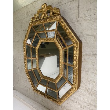 ANTICA GRANDE SPECCHIERA OTTAGONALE BAROCCA CIMASA INTAGLIATA FOGLIA ORO XIX sec
